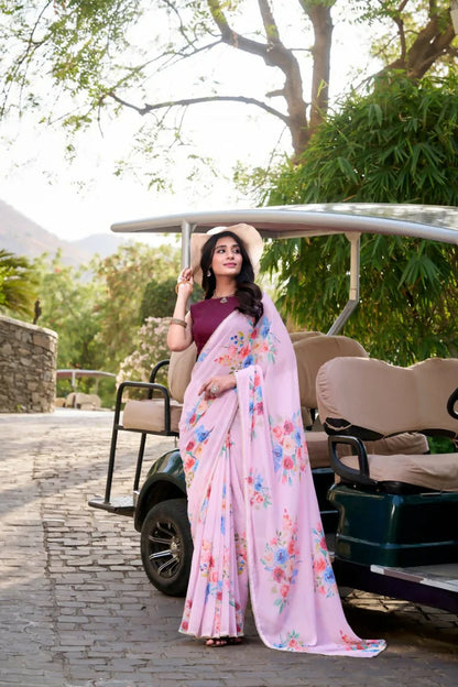 Premium Floral Print Georgette Saree with Moti Lace Border & Running Blouse | Party Wear Designer Saree