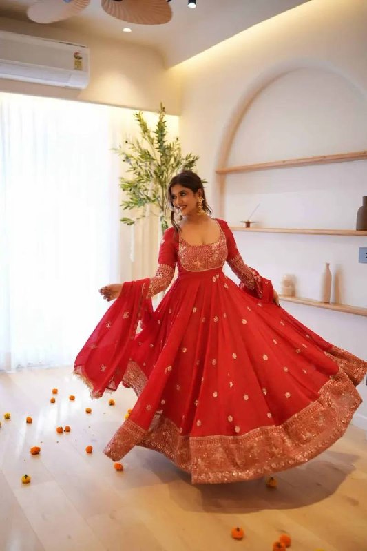 Red Anarkali party wear dress with golden embroidery for women