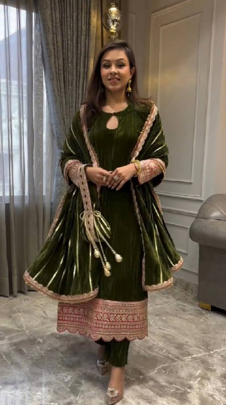 green Velvet Suit with Cream Embroidered Hemline