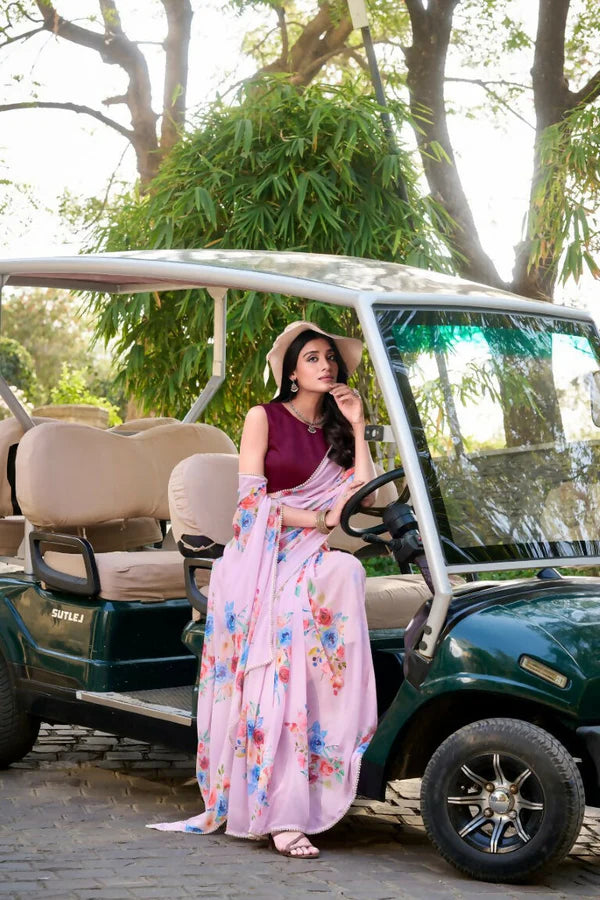 Premium Floral Print Georgette Saree with Moti Lace Border & Running Blouse | Party Wear Designer Saree