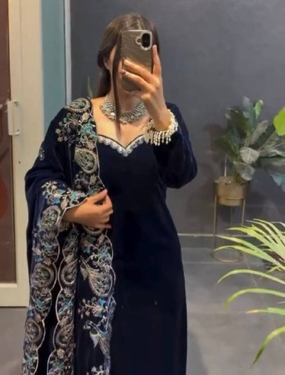 Stylish navy blue velvet suit with dupatta