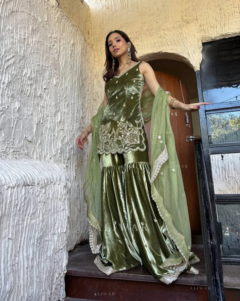 Traditional olive green embroidered kurta with matching flared sharara pants