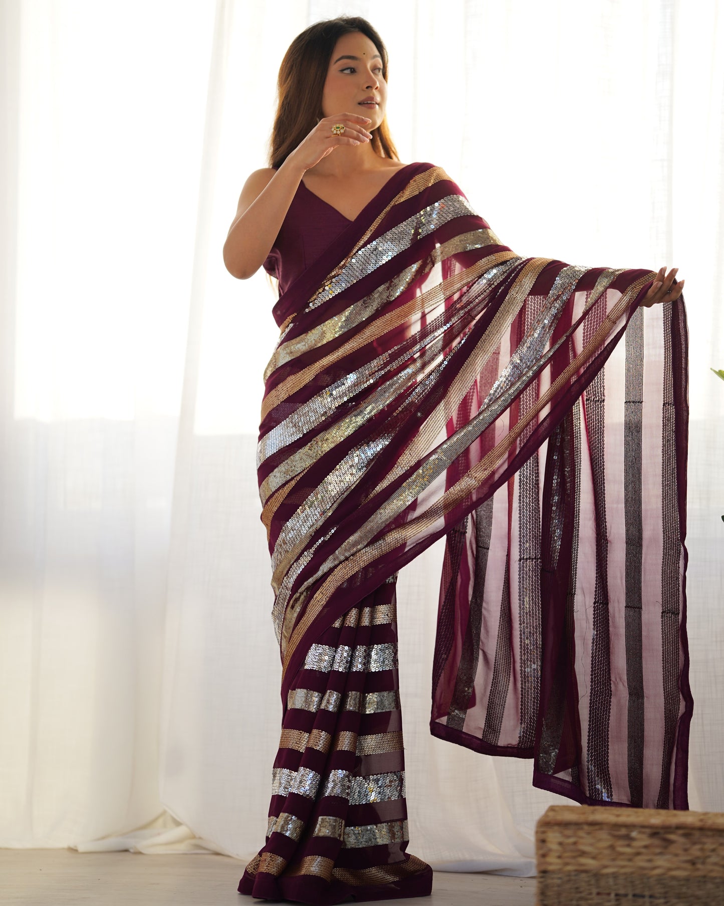 Designer Heavy Georgette Sequin Embroidery Saree for Women | Party Wear Wedding & Festive Saree with Mono Banglory Blouse