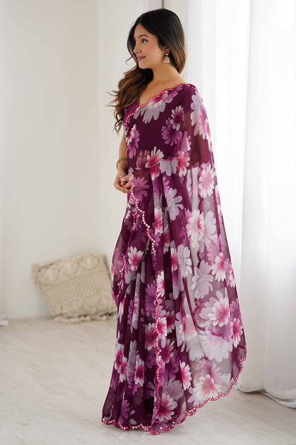 Designer Floral Print Saree | Premium Georgette Silk | Mirror Work Border | Festive Wear Saree