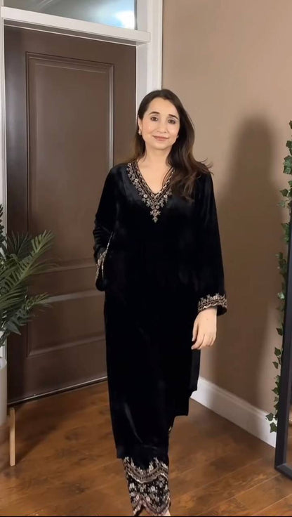 Black Viscose Velvet Suit Party Wear & Winter Festive Wear Outfit