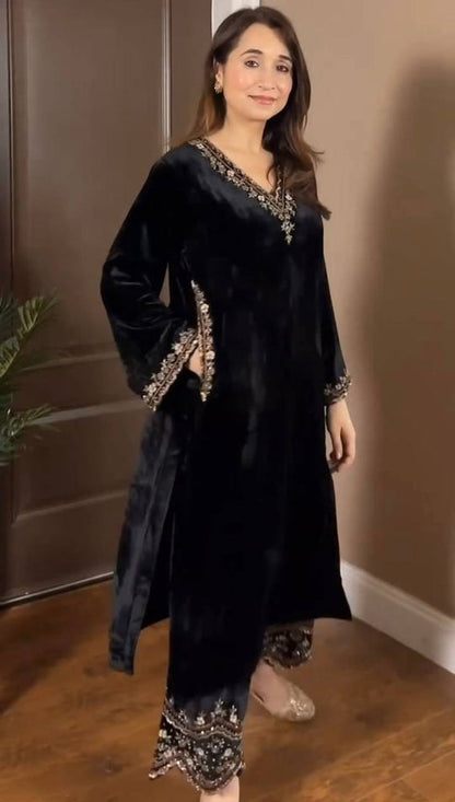Black Viscose Velvet Suit Party Wear & Winter Festive Wear Outfit