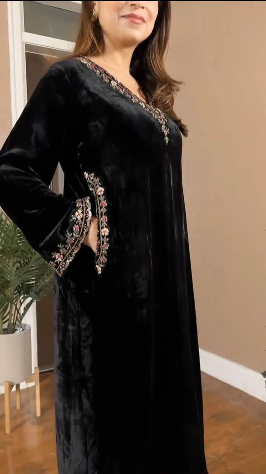 Black Viscose Velvet Suit Party Wear & Winter Festive Wear Outfit