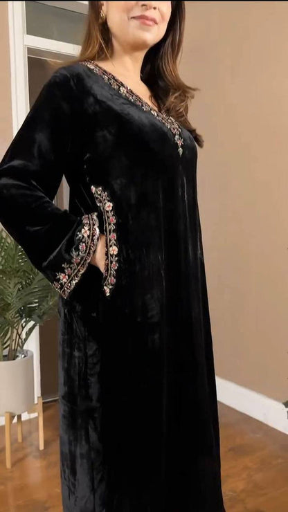 Black Viscose Velvet Suit Party Wear & Winter Festive Wear Outfit