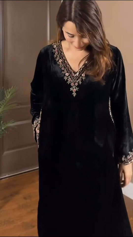 Black Viscose Velvet Suit Party Wear & Winter Festive Wear Outfit