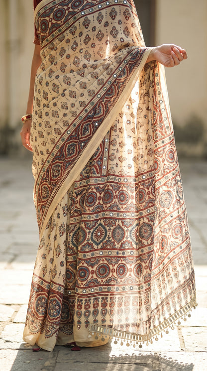 Cream Ajrak Print Semi Modal Silk Saree with Traditional Designer Border