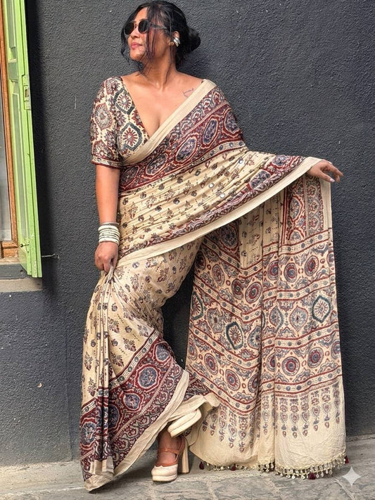 Cream Ajrak Print Semi Modal Silk Saree with Traditional Designer Border