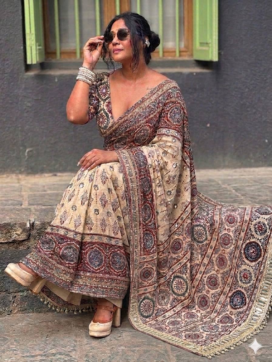 Cream Ajrak Print Semi Modal Silk Saree with Traditional Designer Border