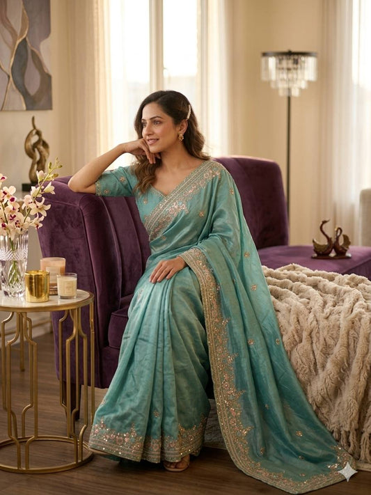 Aqua Blue Designer Party Wear Saree with Heavy Sequins Embroidery and Unstitched Blouse