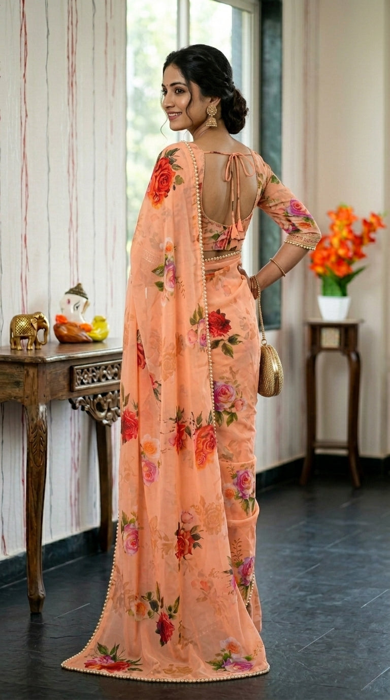 Luxury Floral Print Georgette Saree | Wedding & Festive Wear