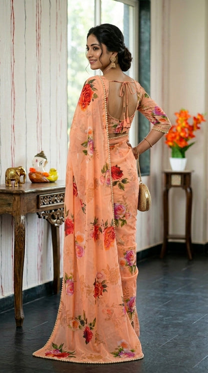 Luxury Floral Print Georgette Saree | Wedding & Festive Wear