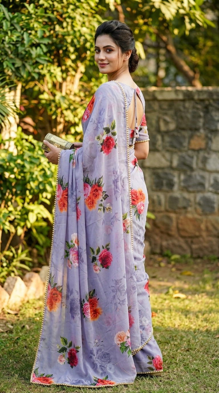Luxury Floral Print Georgette Saree | Wedding & Festive Wear