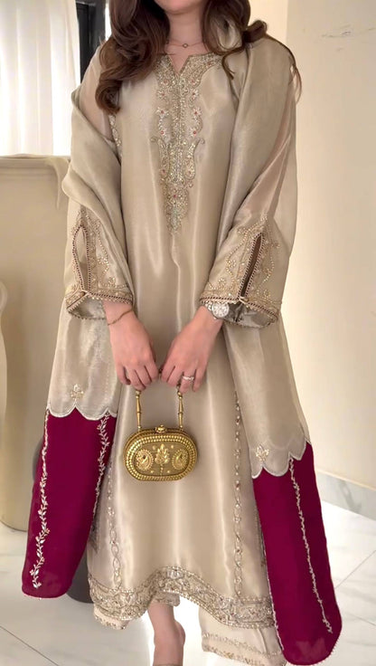 Beige Gmy silk embroidered suit set with sequence work front view