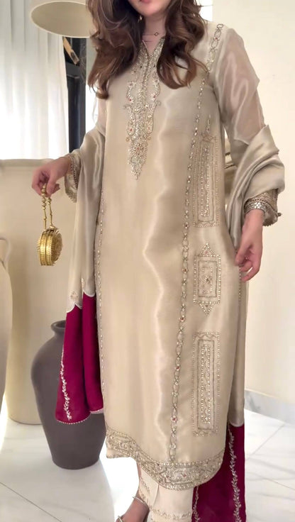 Beige Gmy silk suit set back view with embroidered dupatta drape