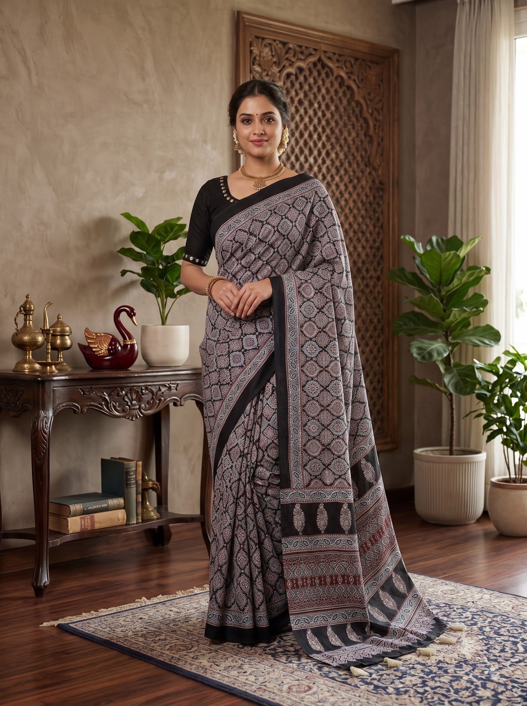 Black Ajrakh Print Crepe Silk Saree with Mirror Work
