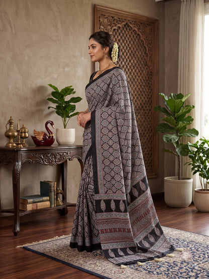 Black Ajrakh Designer Saree with Traditional Mirror Work