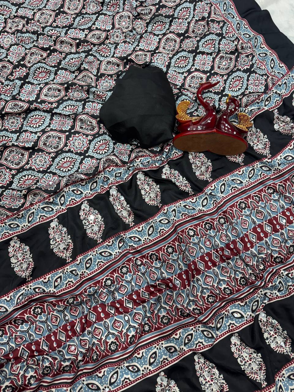 Black Ajrakh Saree with Real Mirror Work and Beautiful Tassels