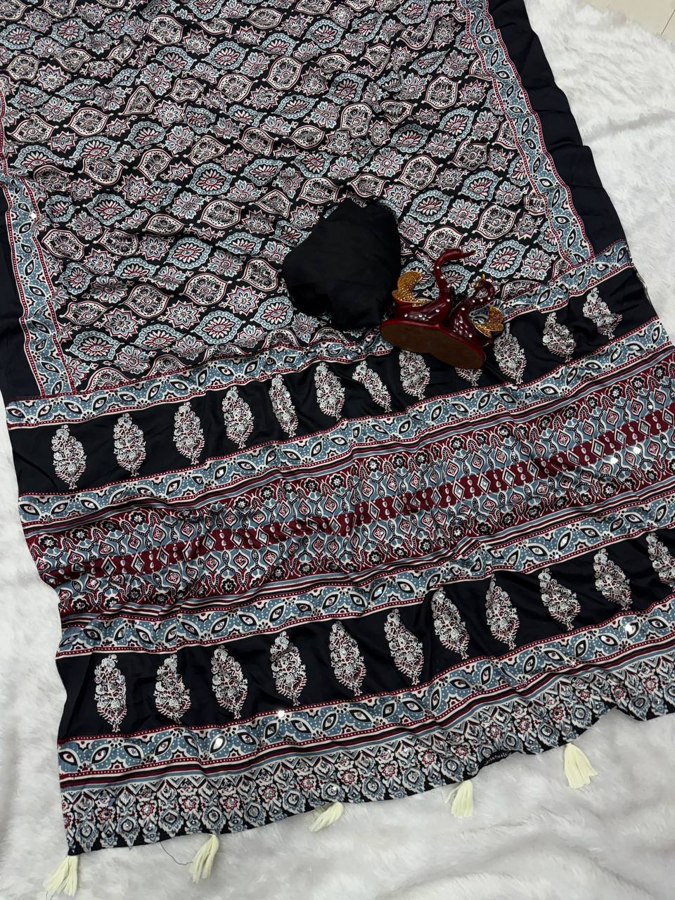 Black Crepe Silk Saree for Women with Ajrakh Print