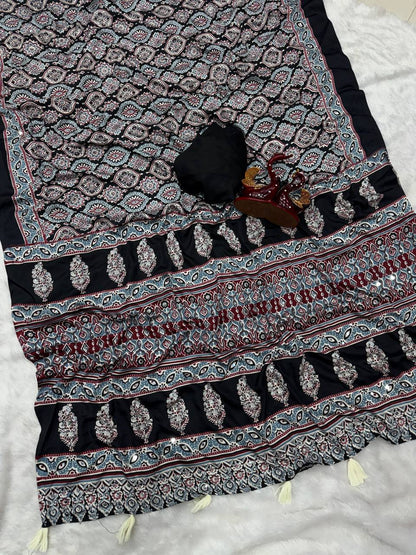 Black Crepe Silk Saree for Women with Ajrakh Print