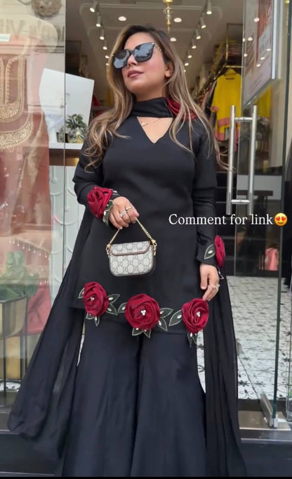 Black designer kurti pant with dupatta and heavy embroidery