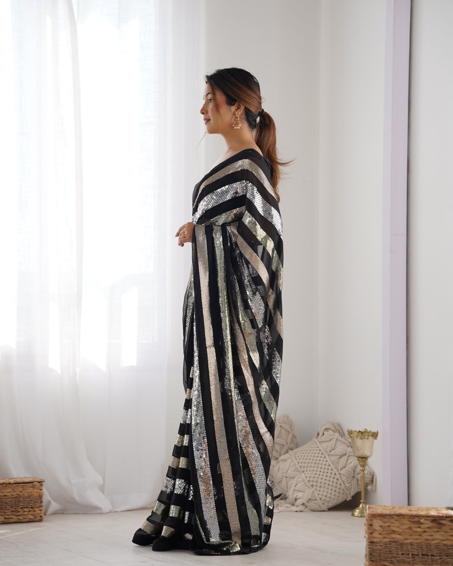 Black embroidered georgette saree with unstitched Mono Banglory blouse