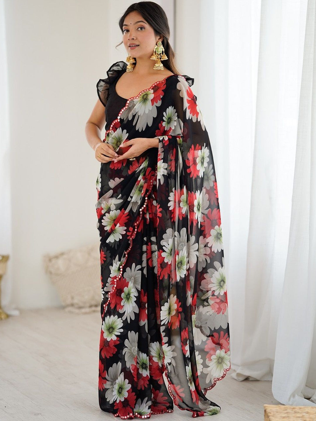 Women's black designer georgette silk floral printed saree with unstitched blouse piece