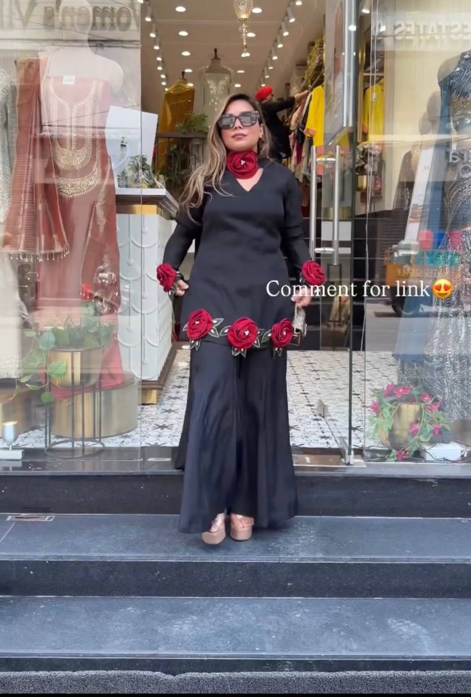 Black French Crepe embroidered kurti pant set with dupatta