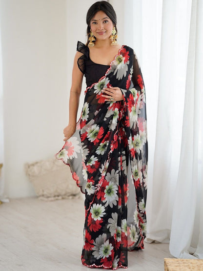 Black georgette silk floral printed saree with mirror work border front view