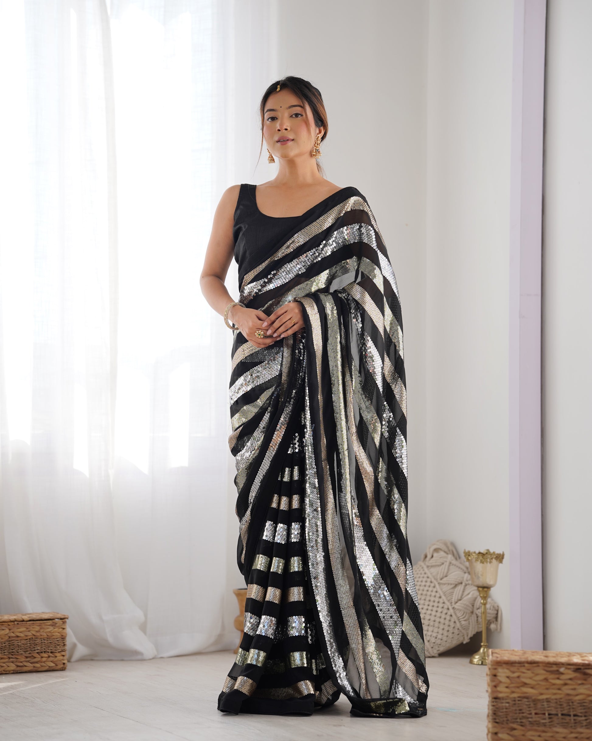 Black heavy georgette designer sequin embroidery saree for party wear