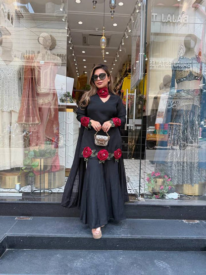 Black kurti pant set with hand flower moti work