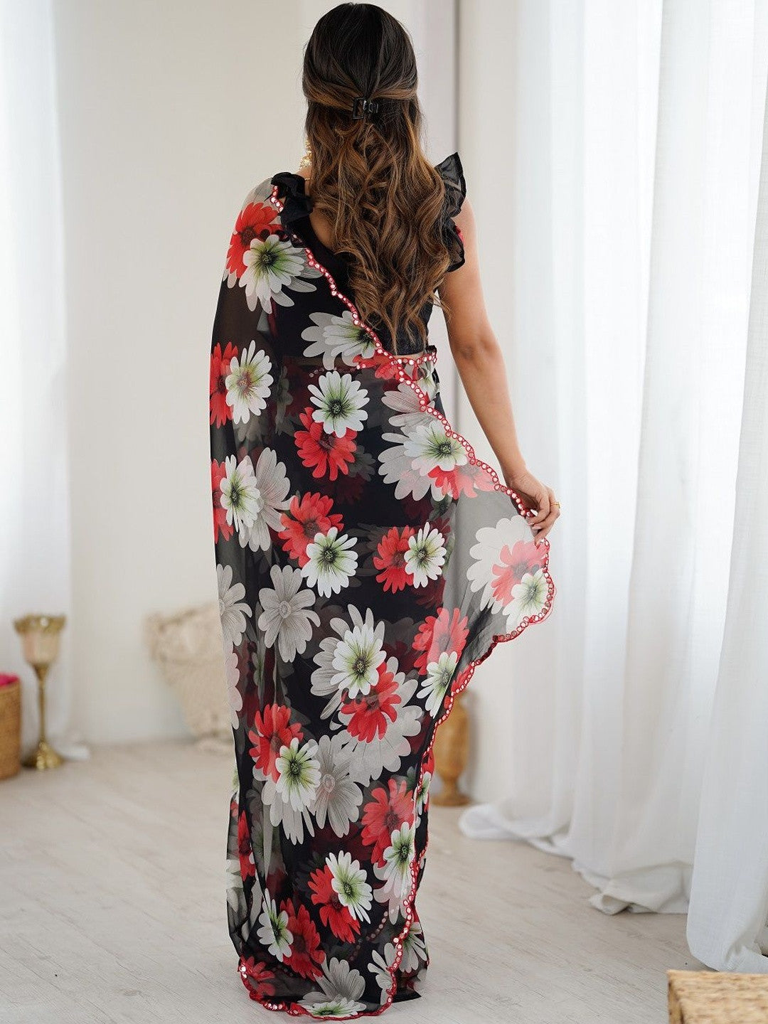 Elegant black floral printed georgette silk party wear saree for women