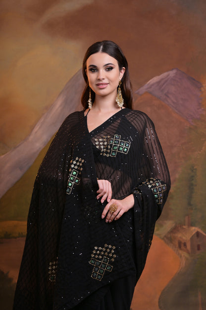Premium black Soft Georgette saree with beautiful sequence embroidery for weddings, receptions, and festive occasions.