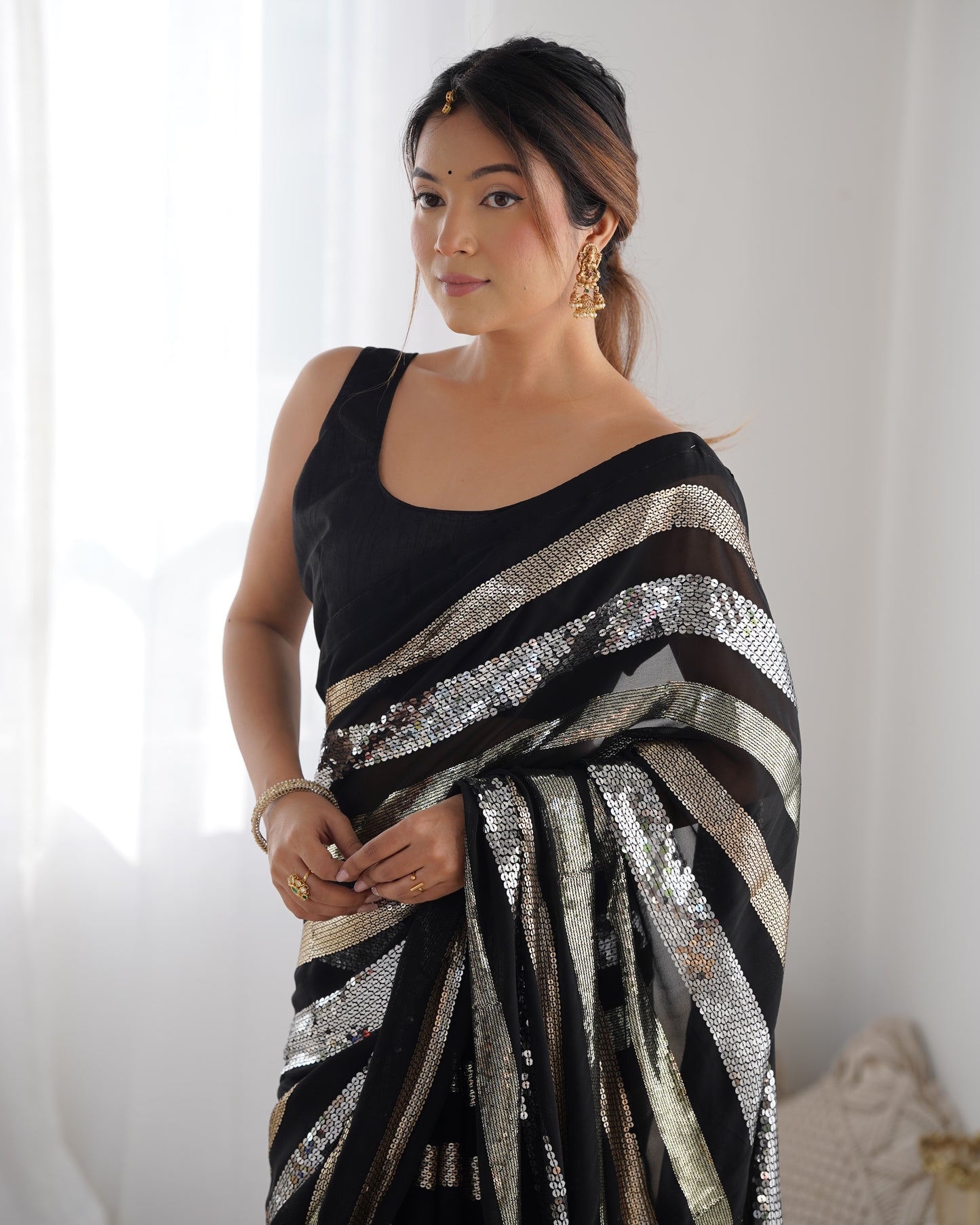 Premium black designer georgette saree for wedding and festive occasions