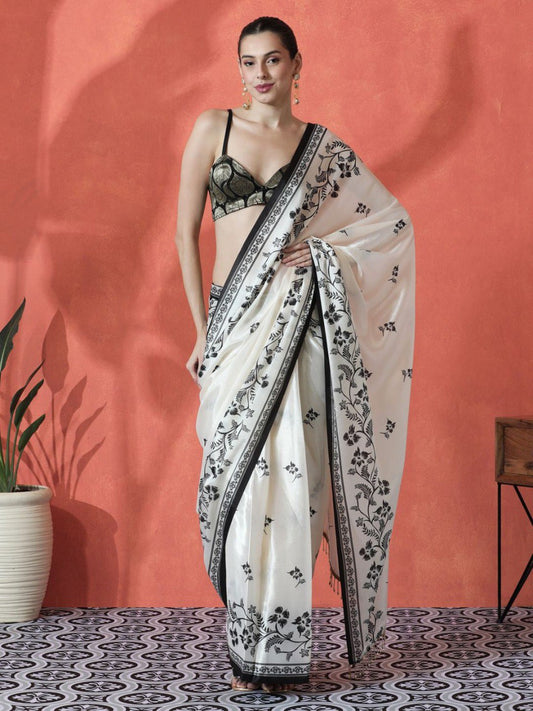 Premium Black & White Soft Japan Silk Digital Print Saree for Women