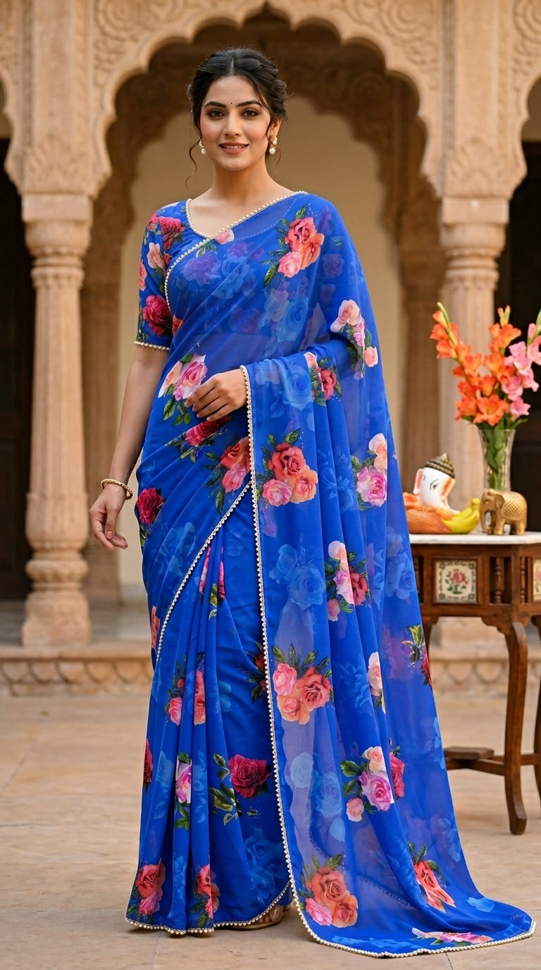 Luxury Floral Print Georgette Saree | Wedding & Festive Wear