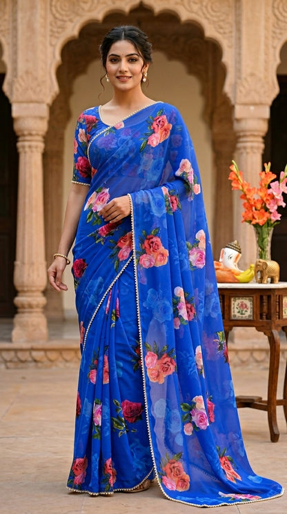 Luxury Floral Print Georgette Saree | Wedding & Festive Wear