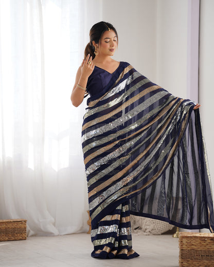 Premium blue designer georgette saree for wedding and festive occasions