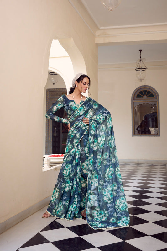 Blue floral printed Soft Georgette saree with premium Moti lace border front view.