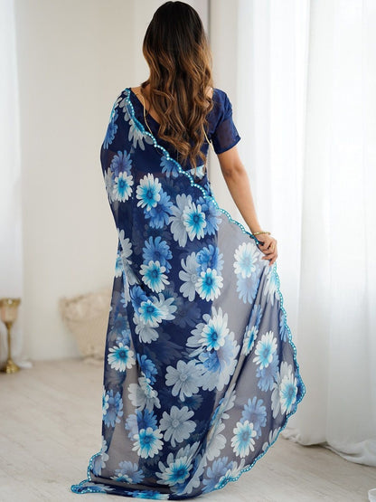 Blue georgette silk floral printed saree with mirror work border front view