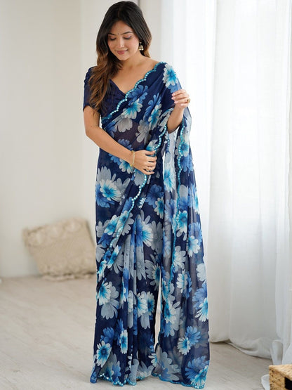 Elegant blue floral printed georgette silk party wear saree for women