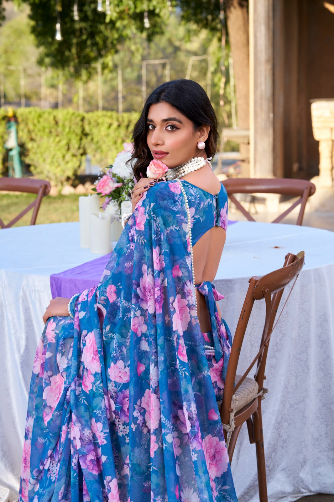 Elegant blue floral printed soft georgette party wear saree for women