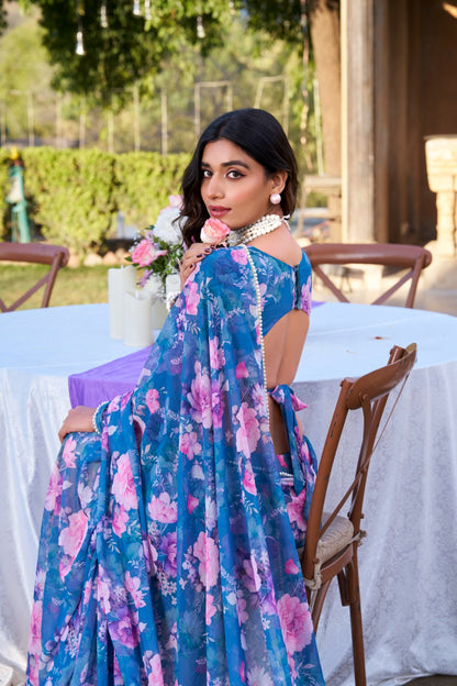 Elegant blue floral printed soft georgette party wear saree for women