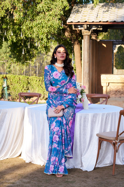 Blue soft georgette floral printed saree with designer moti lace border