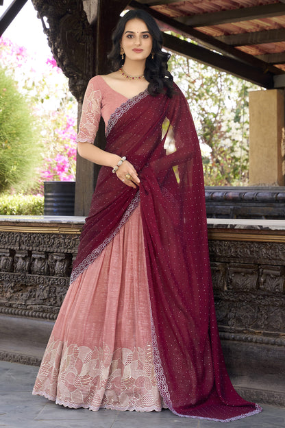 Blush pink embroidered lehenga with maroon dupatta and designer blouse front view