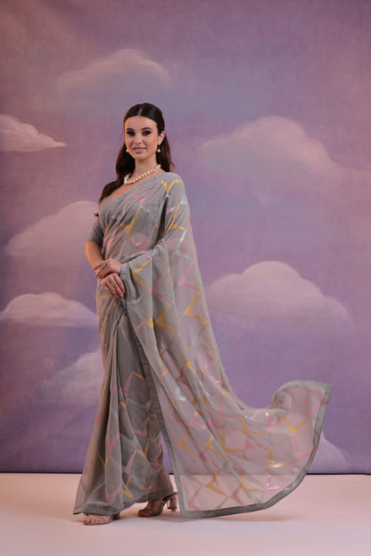 Bollywood Style Grey Georgette Saree with Multi Color Sequin Embroidery