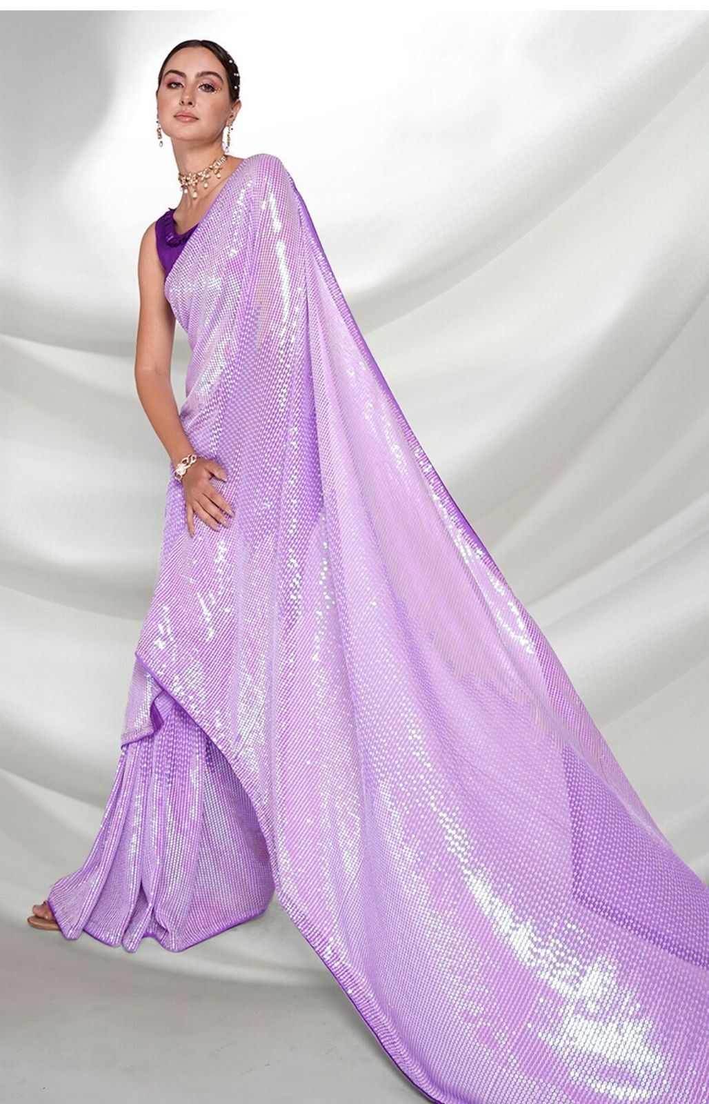 Bollywood Style Purple Heavy Georgette Sequins Saree for Wedding and Party Wear